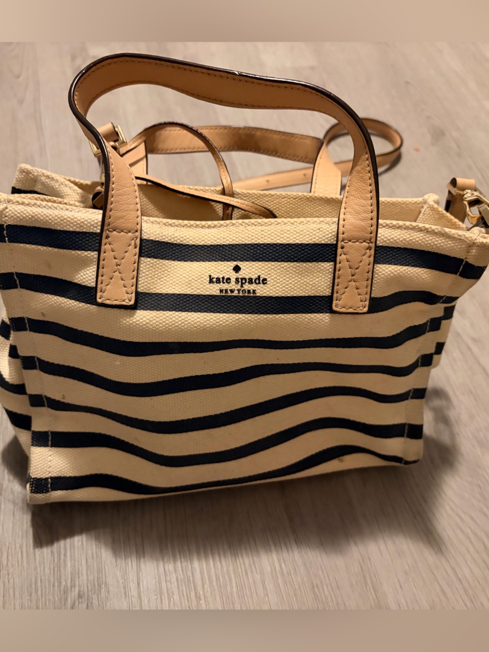 kate spade Navy & Beige Striped Canvas purse with Tan Leather Handles